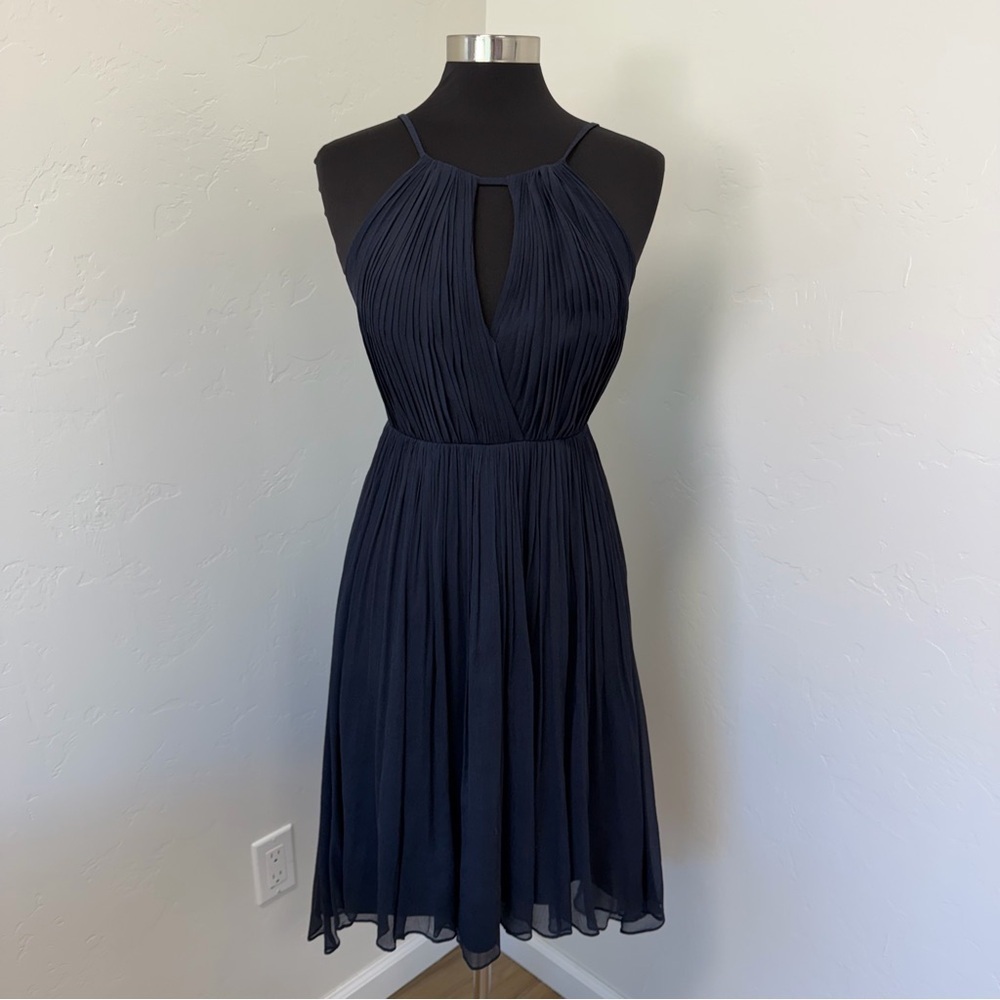 J. Crew Midnight Blue Pleated Split Neck Sleeveless Halter Midi Dress Size 4